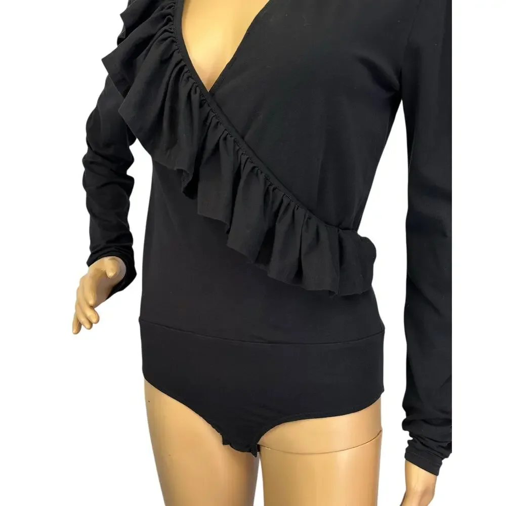 J. Crew Ruffle-Front Wrap Bodysuit Black H3685 Size S